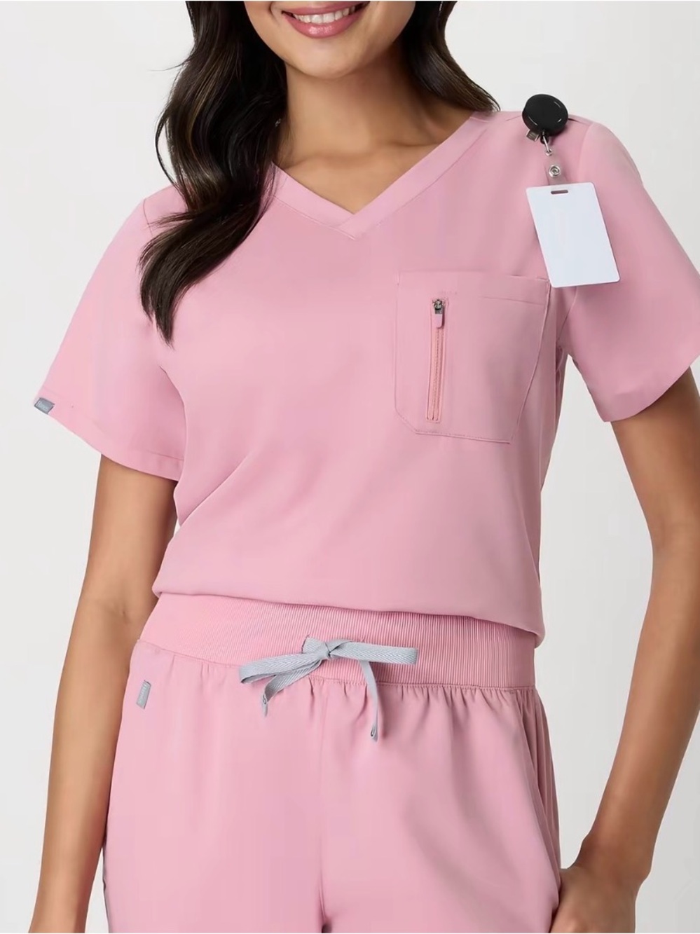 Hanes Pink V-Neck Scrub Top and Pants Set